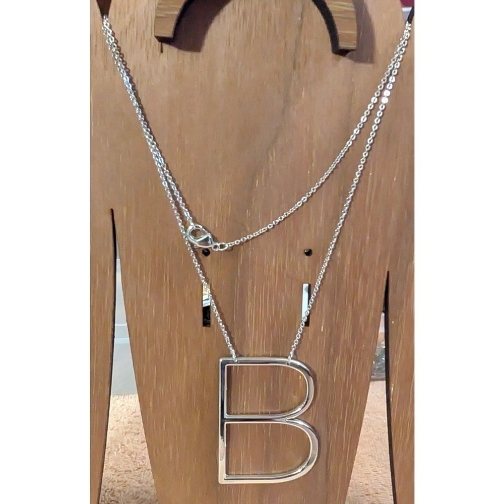 New Letter Initial B Pendant 20" Necklace Silver Tone Large Monogram Chain Bold